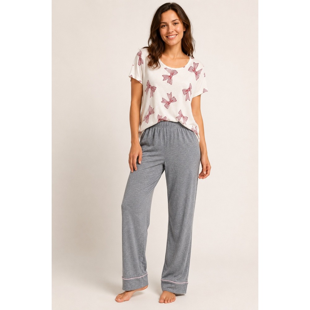 Life is Good Sleep Womens Pajama Pants Gray Pink Trim Heathered Knit Size M soft